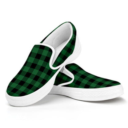 Green And Black Buffalo Check Print White Slip On Shoes