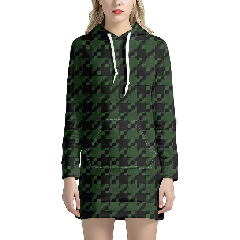 Green And Black Buffalo Plaid Print Hoodie Dress