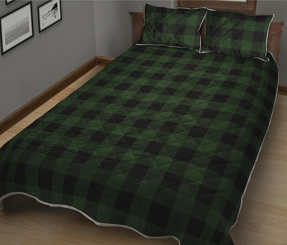 Green And Black Buffalo Plaid Print Quilt Bed Set