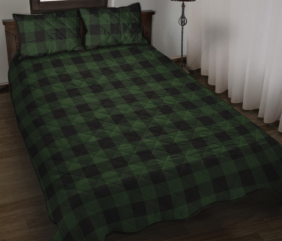 Green And Black Buffalo Plaid Print Quilt Bed Set