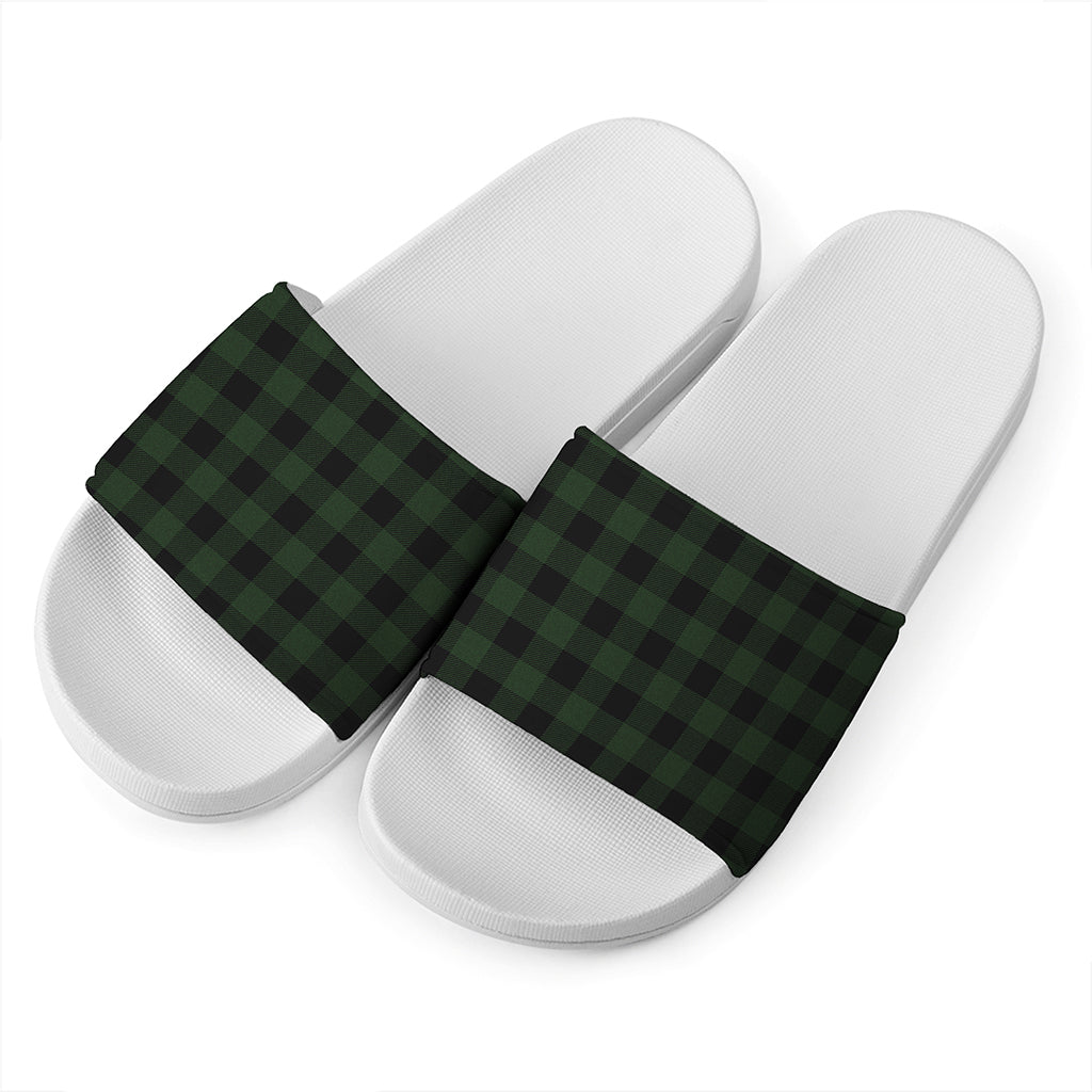 Green And Black Buffalo Plaid Print White Slide Sandals
