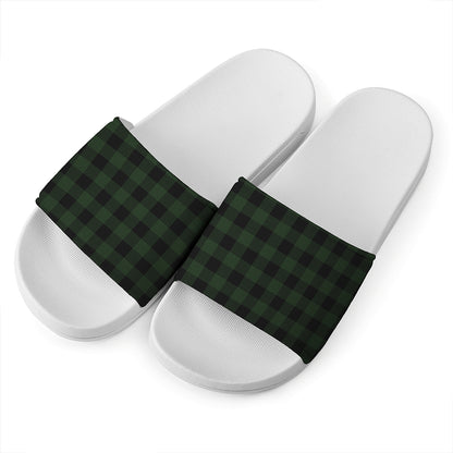 Green And Black Buffalo Plaid Print White Slide Sandals