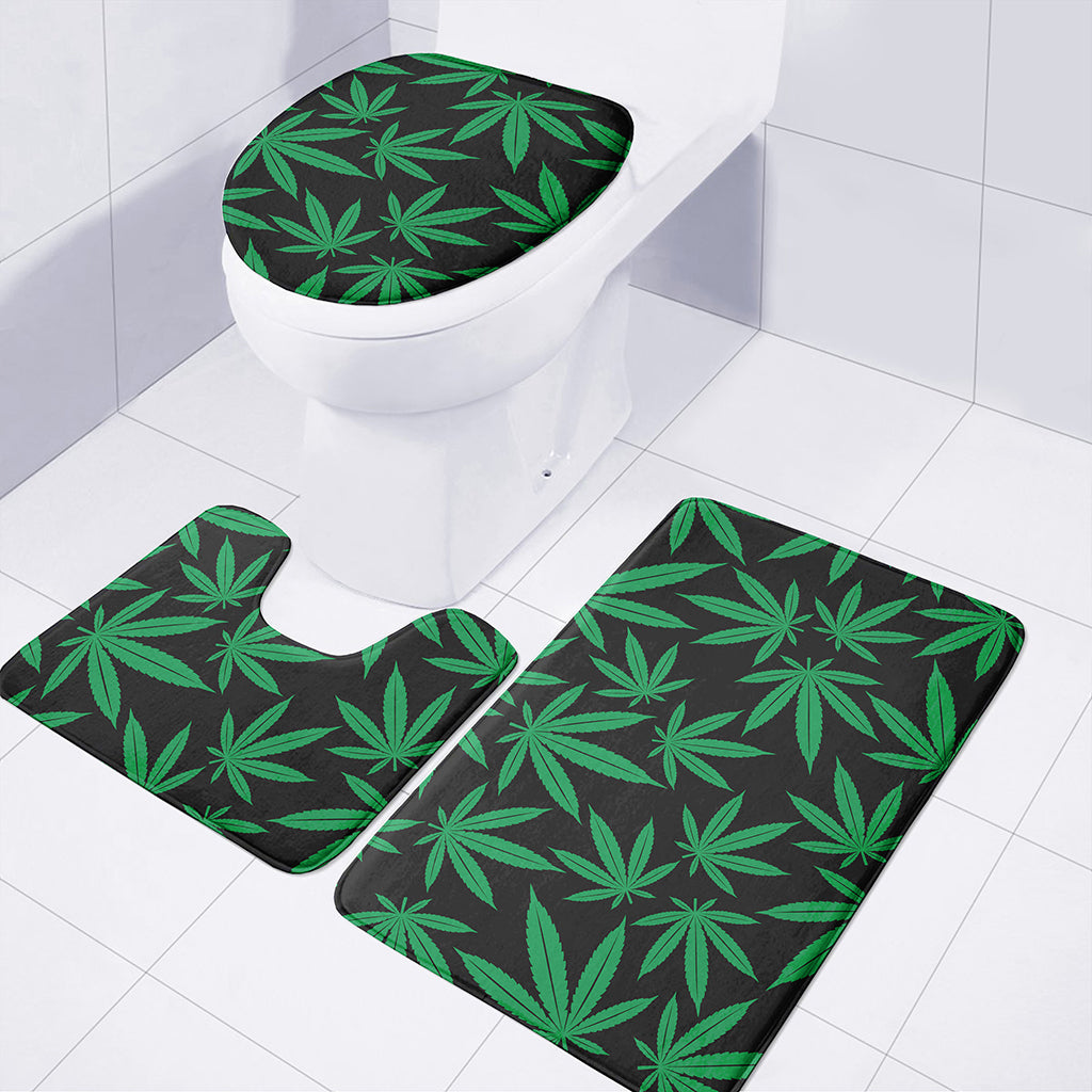 Green And Black Cannabis Leaf Print 3 Piece Bath Mat Set