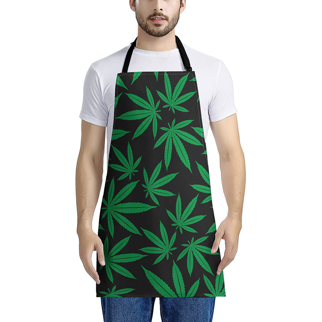 Green And Black Cannabis Leaf Print Apron