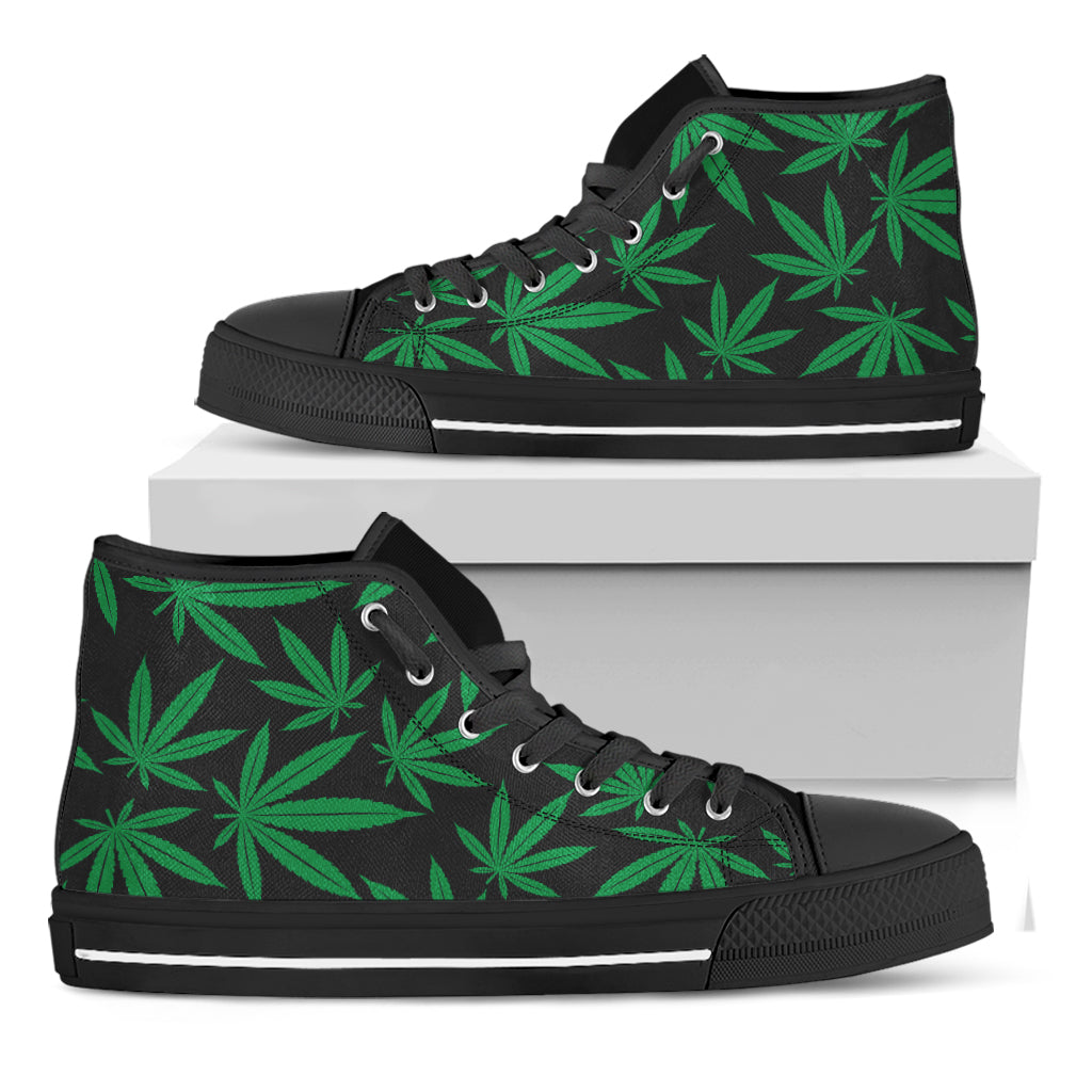 Green And Black Cannabis Leaf Print Black High Top Shoes