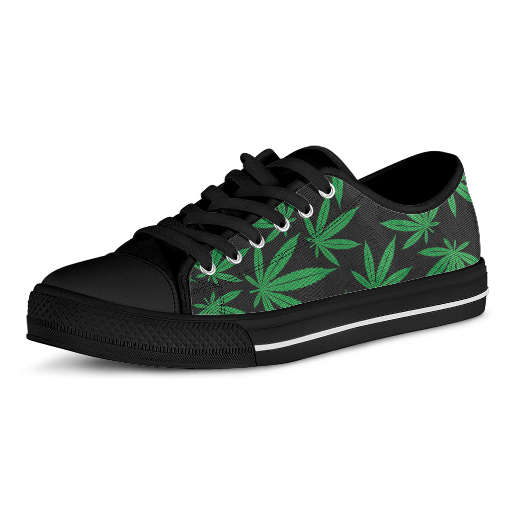 Green And Black Cannabis Leaf Print Black Low Top Shoes