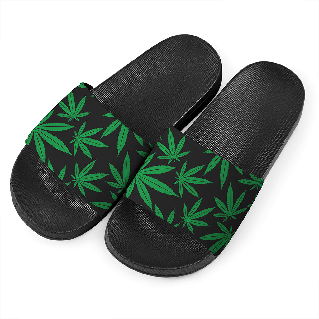Green And Black Cannabis Leaf Print Black Slide Sandals