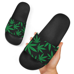 Green And Black Cannabis Leaf Print Black Slide Sandals