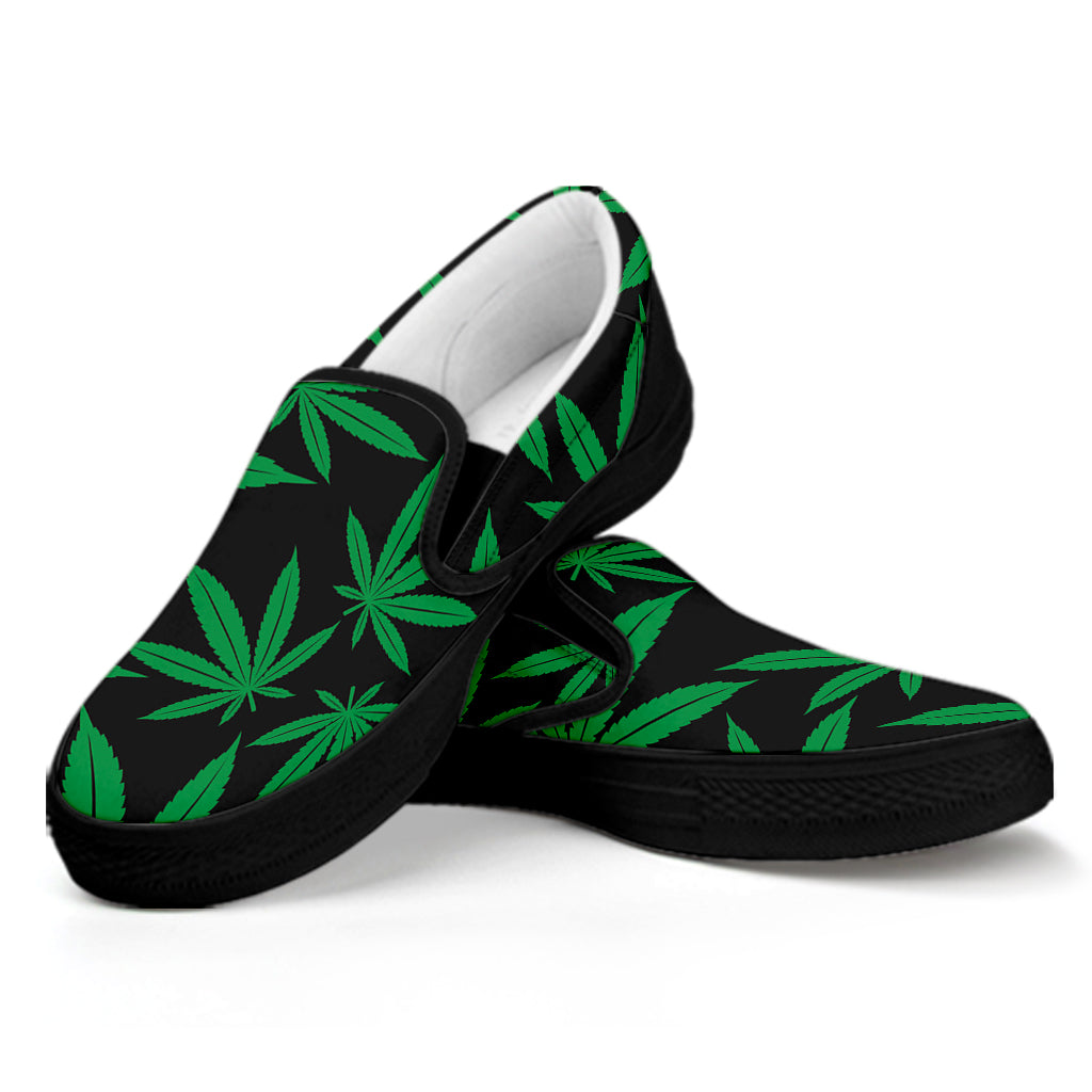 Green And Black Cannabis Leaf Print Black Slip On Shoes