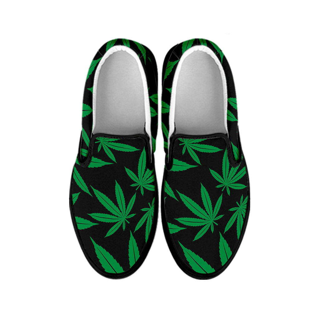 Green And Black Cannabis Leaf Print Black Slip On Shoes