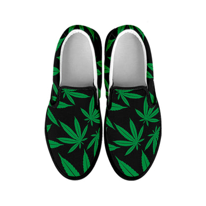 Green And Black Cannabis Leaf Print Black Slip On Shoes