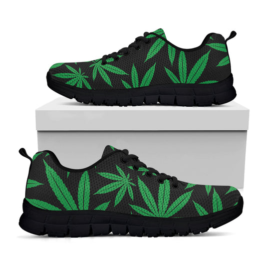 Green And Black Cannabis Leaf Print Black Sneakers
