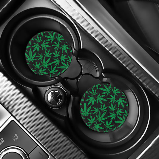 Green And Black Cannabis Leaf Print Car Coasters