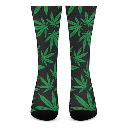Green And Black Cannabis Leaf Print Crew Socks