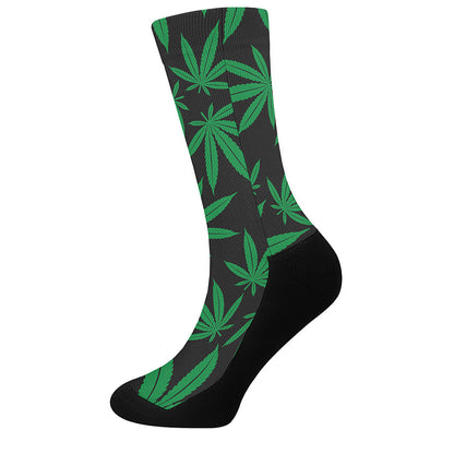 Green And Black Cannabis Leaf Print Crew Socks