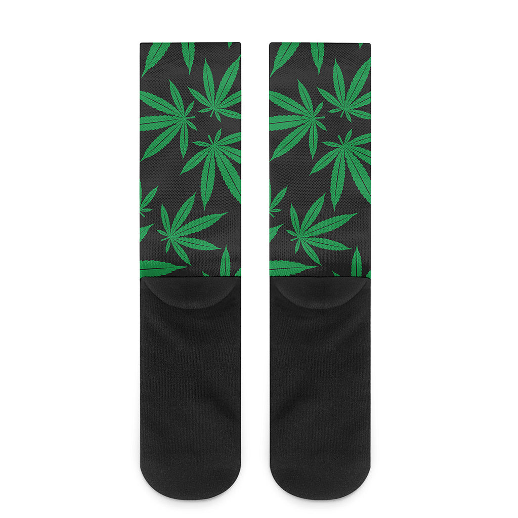 Green And Black Cannabis Leaf Print Crew Socks