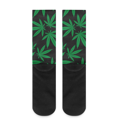 Green And Black Cannabis Leaf Print Crew Socks