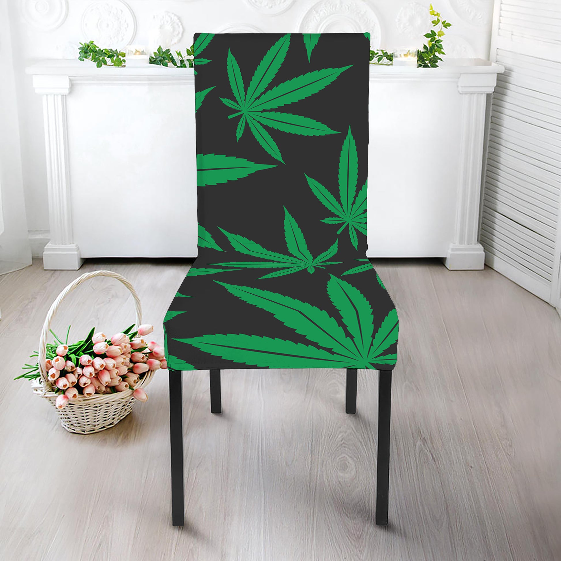 Green And Black Cannabis Leaf Print Dining Chair Slipcover