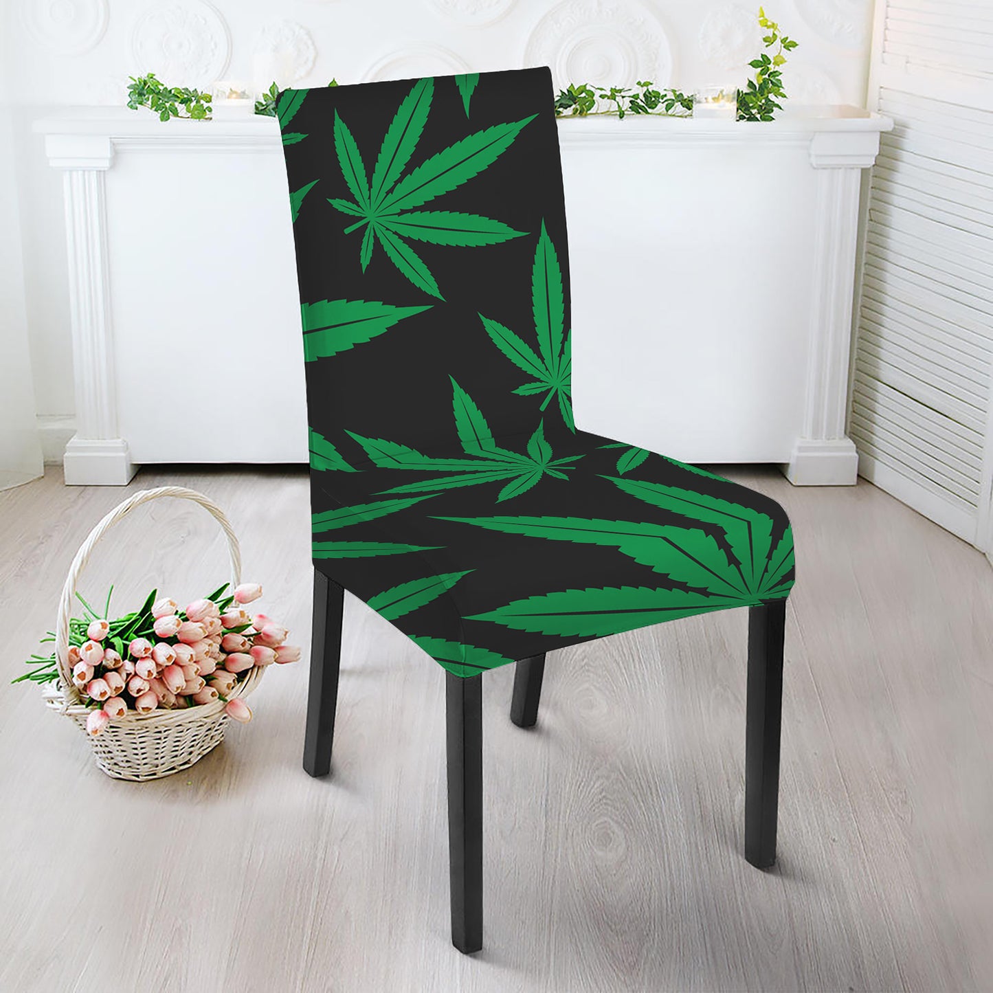 Green And Black Cannabis Leaf Print Dining Chair Slipcover