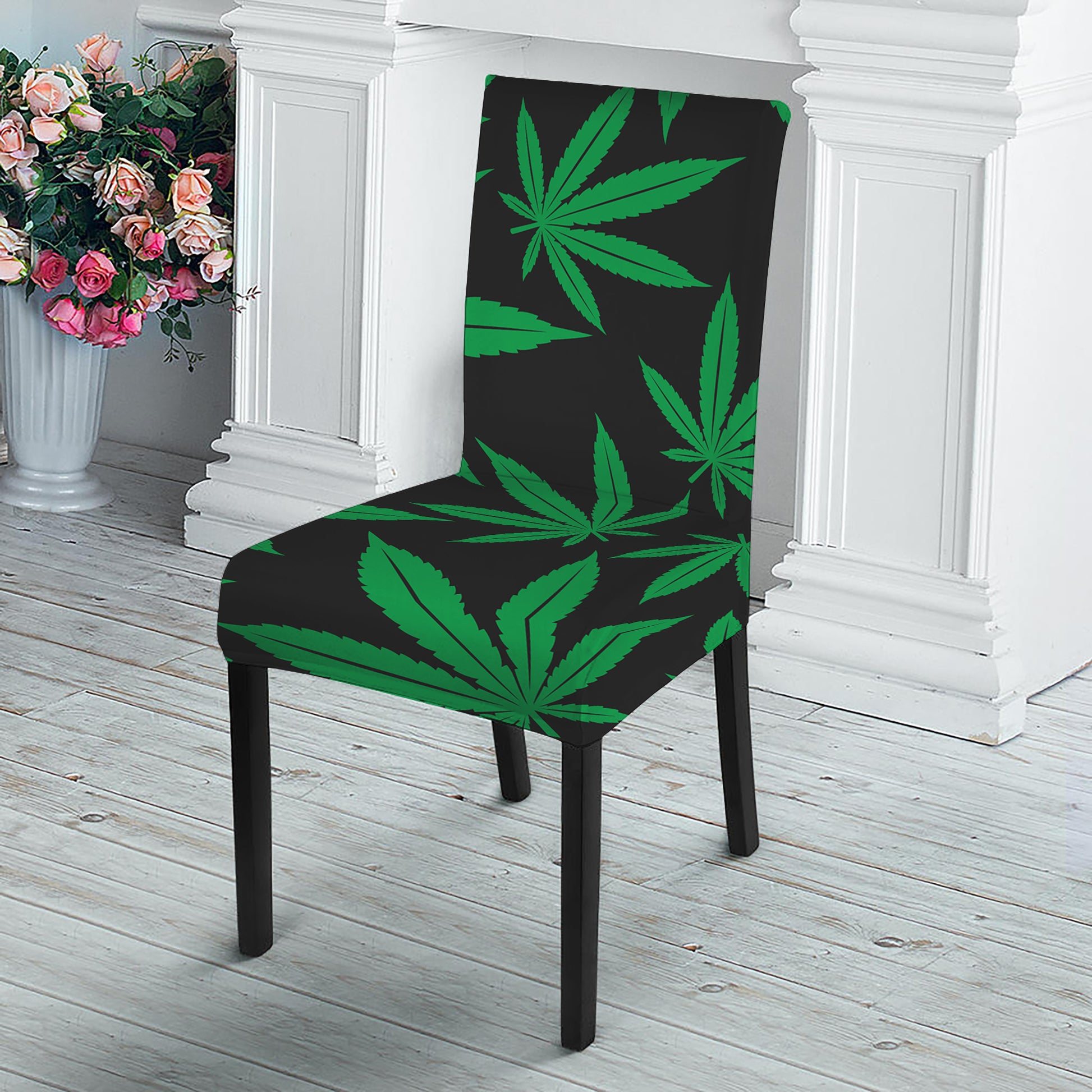 Green And Black Cannabis Leaf Print Dining Chair Slipcover