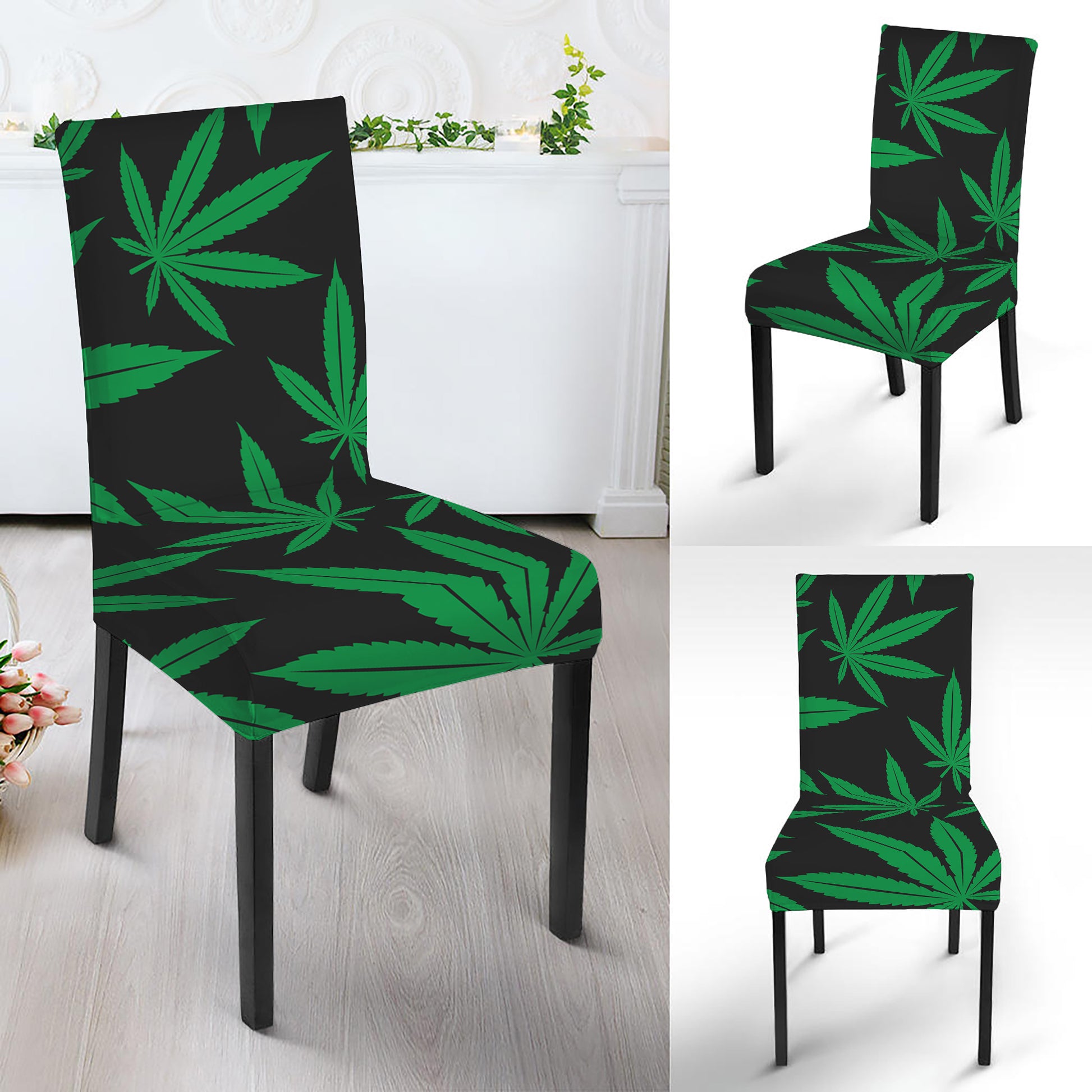 Green And Black Cannabis Leaf Print Dining Chair Slipcover