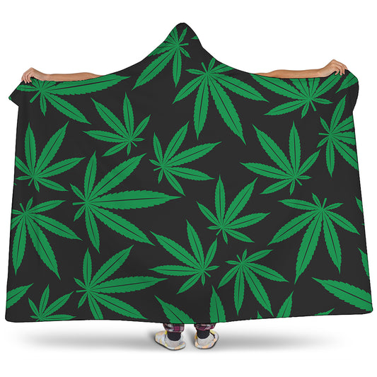 Green And Black Cannabis Leaf Print Hooded Blanket