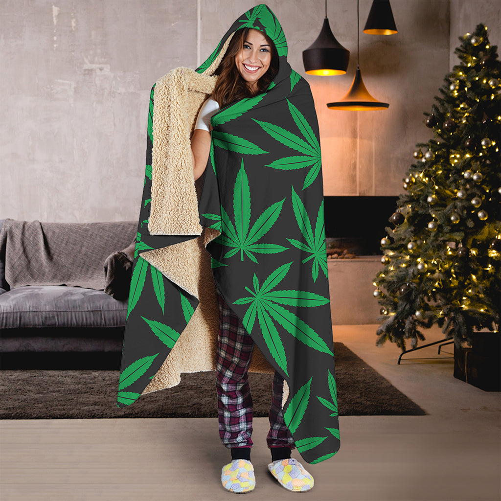 Green And Black Cannabis Leaf Print Hooded Blanket