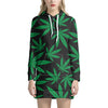 Green And Black Cannabis Leaf Print Hoodie Dress