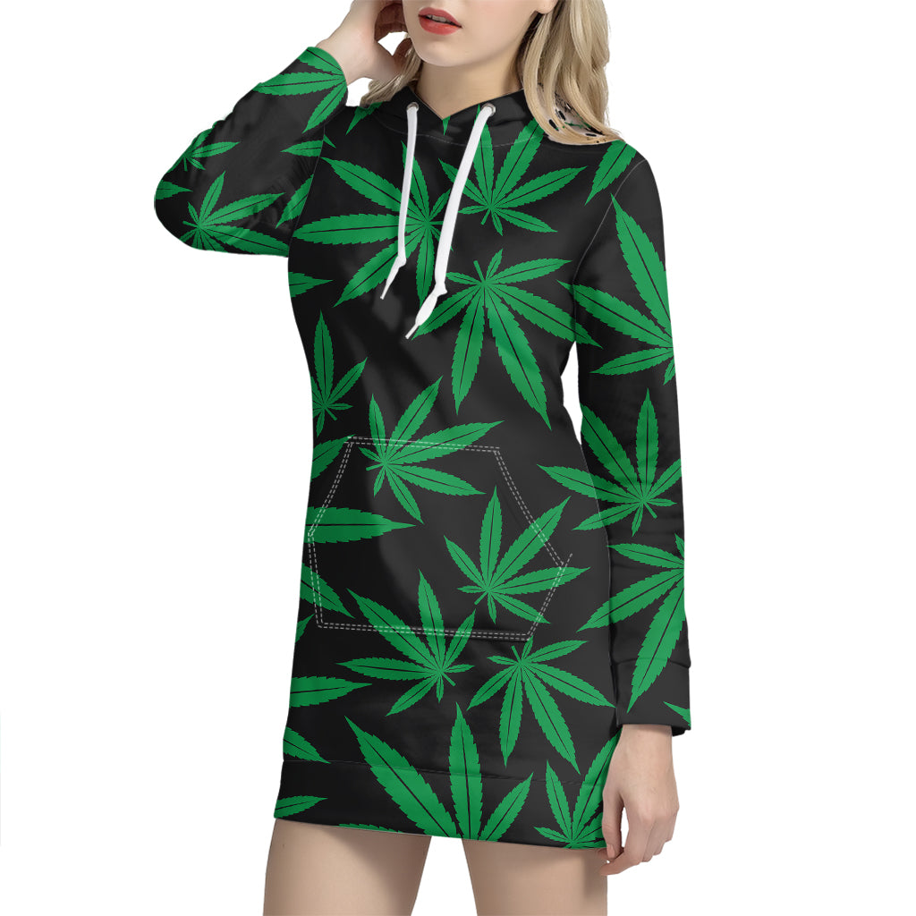 Green And Black Cannabis Leaf Print Hoodie Dress