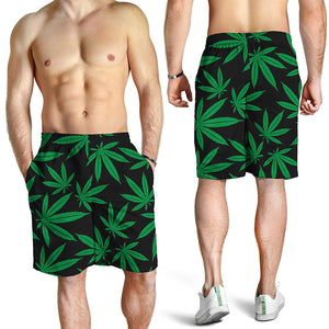 Green And Black Cannabis Leaf Print Men's Shorts