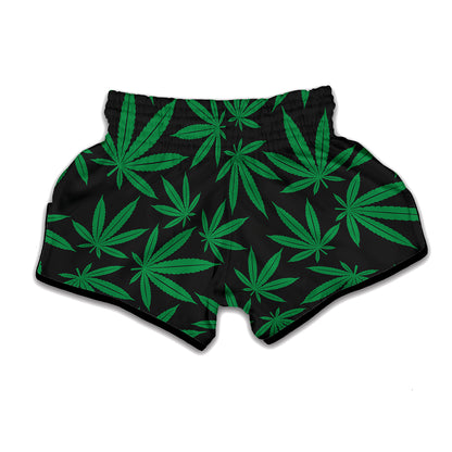 Green And Black Cannabis Leaf Print Muay Thai Boxing Shorts