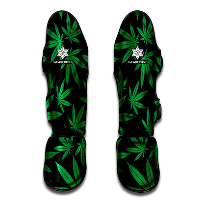 Green And Black Cannabis Leaf Print Muay Thai Shin Guard