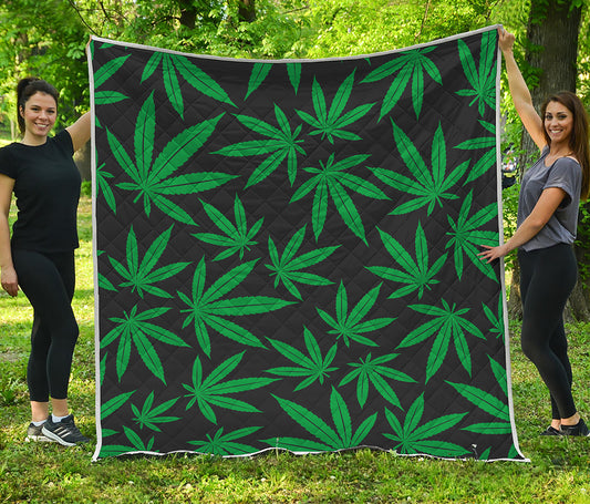 Green And Black Cannabis Leaf Print Quilt