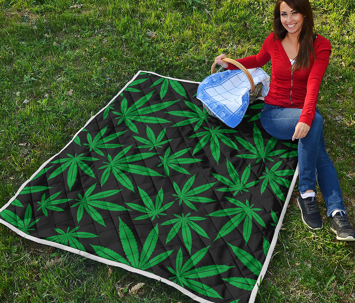 Green And Black Cannabis Leaf Print Quilt