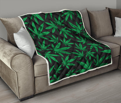 Green And Black Cannabis Leaf Print Quilt
