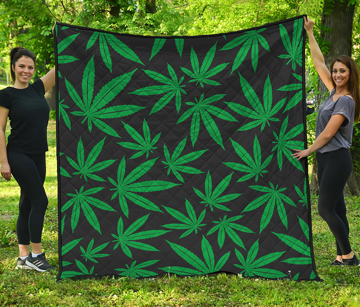 Green And Black Cannabis Leaf Print Quilt