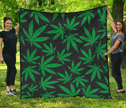 Green And Black Cannabis Leaf Print Quilt