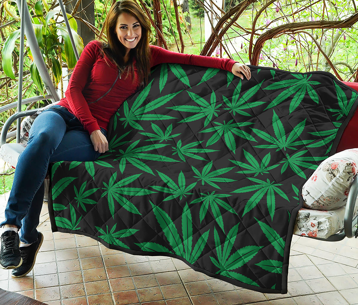 Green And Black Cannabis Leaf Print Quilt