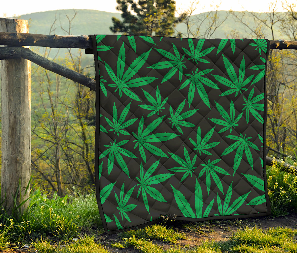 Green And Black Cannabis Leaf Print Quilt