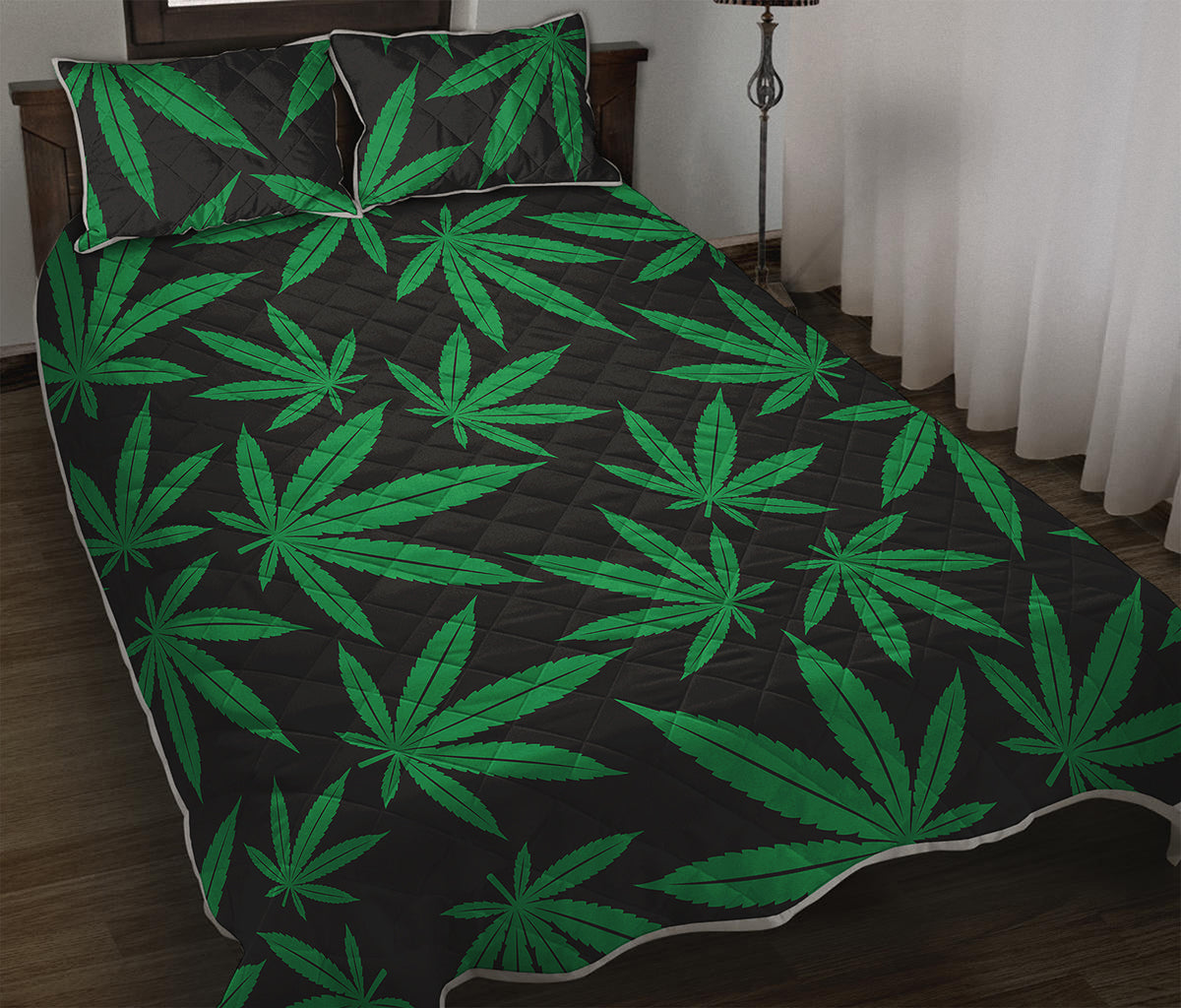 Green And Black Cannabis Leaf Print Quilt Bed Set