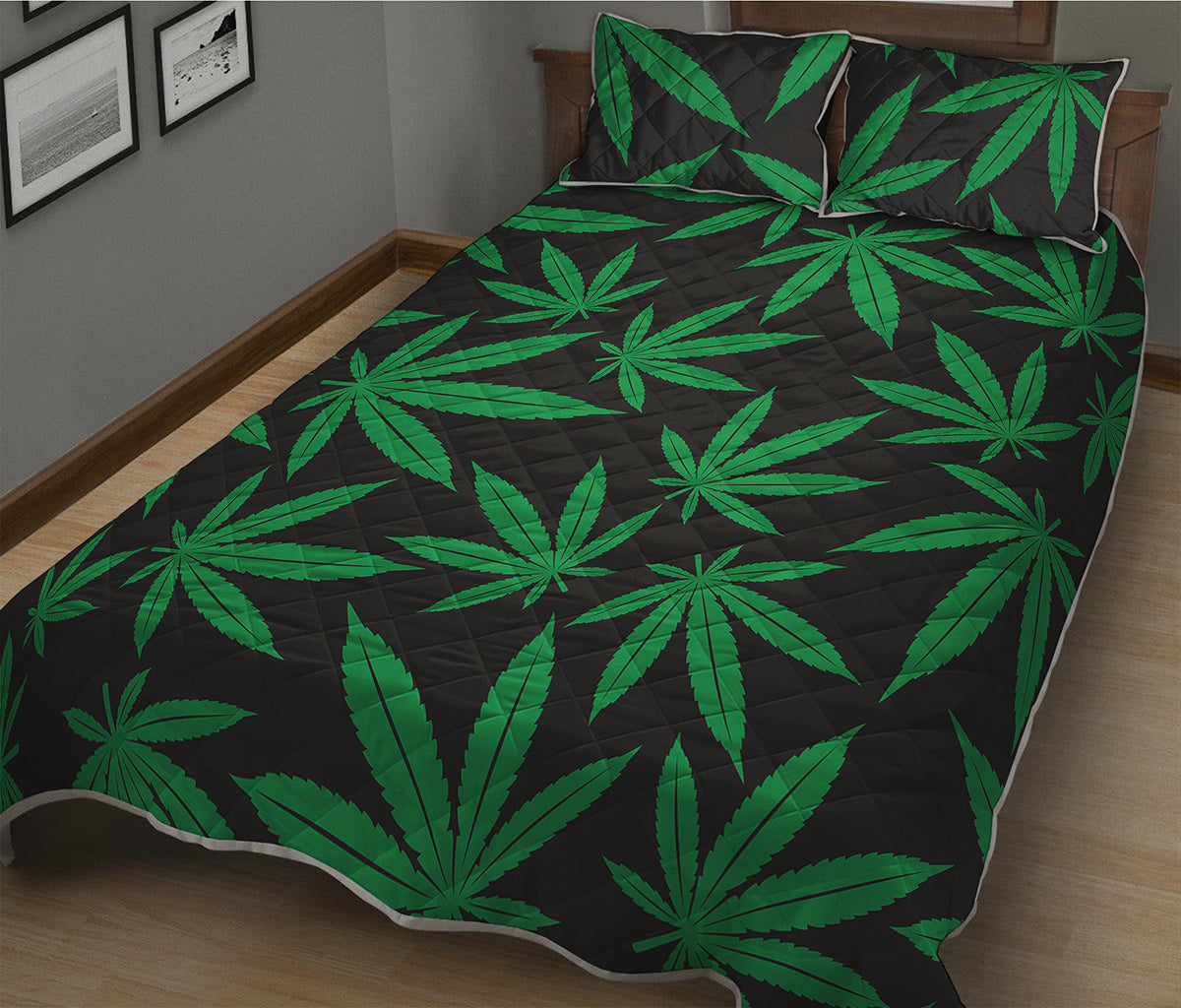 Green And Black Cannabis Leaf Print Quilt Bed Set