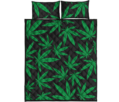 Green And Black Cannabis Leaf Print Quilt Bed Set