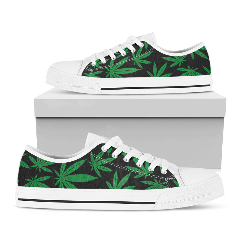 Green And Black Cannabis Leaf Print White Low Top Shoes