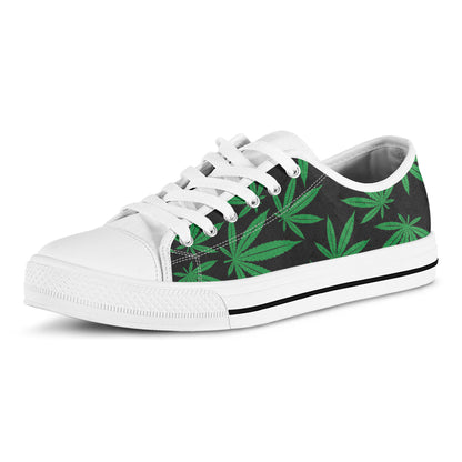 Green And Black Cannabis Leaf Print White Low Top Shoes
