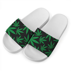 Green And Black Cannabis Leaf Print White Slide Sandals