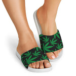 Green And Black Cannabis Leaf Print White Slide Sandals