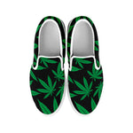 Green And Black Cannabis Leaf Print White Slip On Shoes