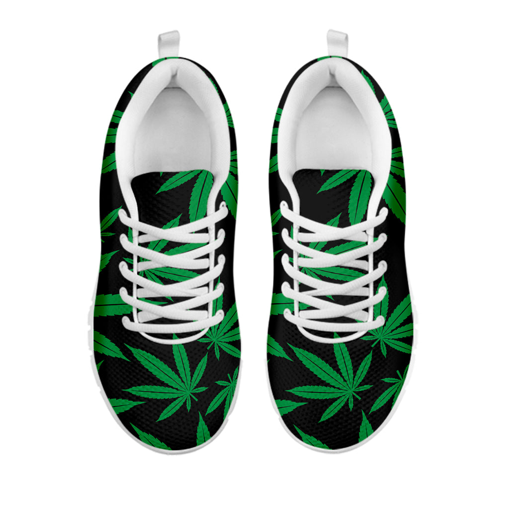Green And Black Cannabis Leaf Print White Sneakers