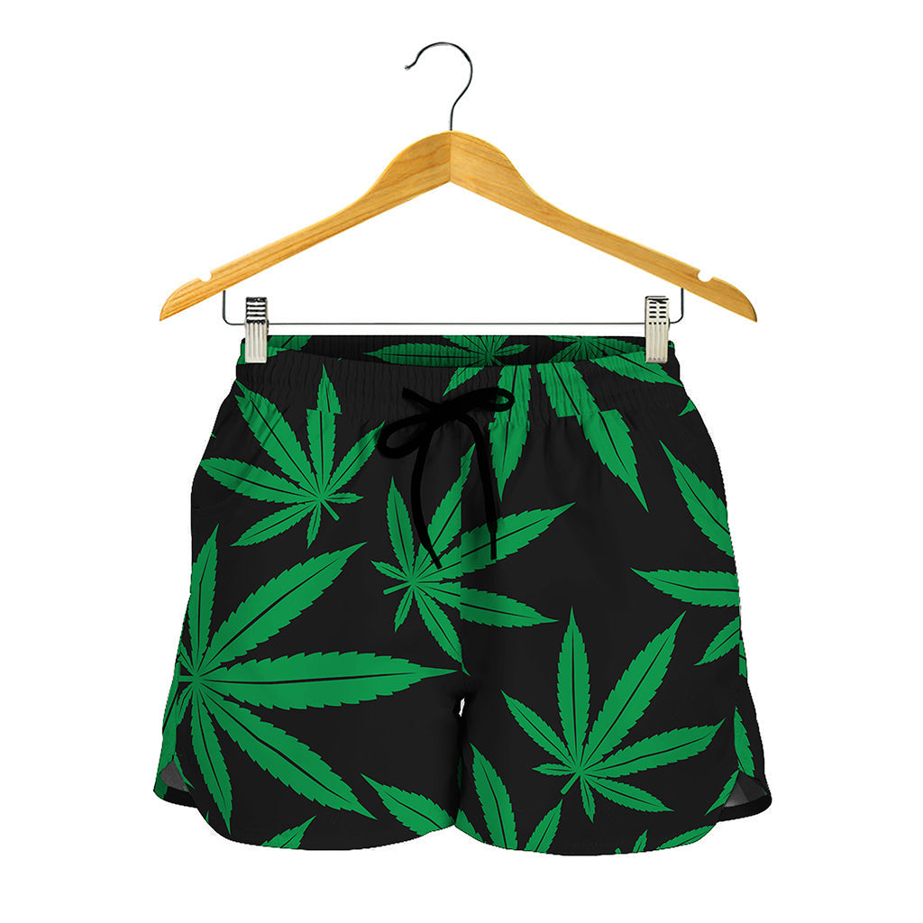 Green And Black Cannabis Leaf Print Women's Shorts