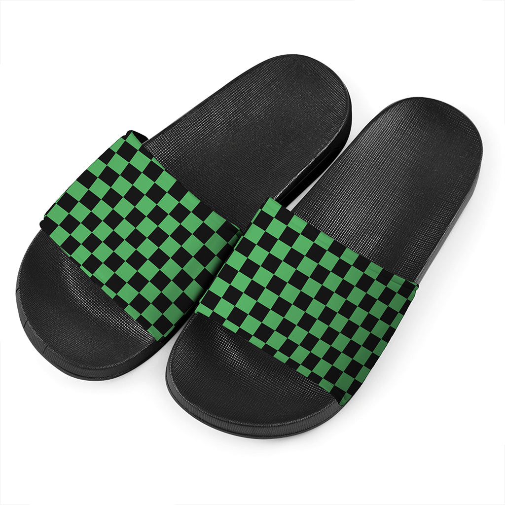 Green And Black Checkered Pattern Print Black Slide Sandals